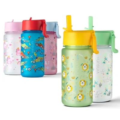 Imagen de VINSUN Botella Agua Niños con Pajita 500ml Tritan sin BPA, prueba de fugas, reutilizable Cantimplora Infantil para Guardería, Escuela, Deporte