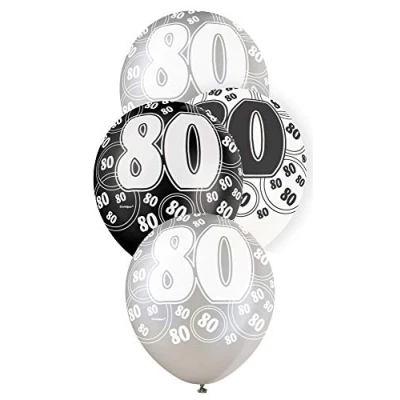 Imagen de Unique Party Paquete de 6 Globos látex cumpleaños, Color negro, edad 80 (80920)