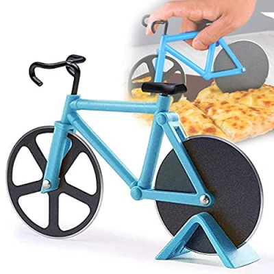 Imagen de Bicicleta Cortador de Pizza, Rueda Corte acero Inoxidable, Pizza con Forma Revestimiento Antiadherente Soporte, Hoja inoxidable (Celeste)