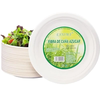 Imagen de EXNIMA,Platos Desechables Biodegradables, Hechos de Fibra Caña Azúcar, Natural, 100% Biodegradable, Redondo, Planos, para Comidas, Barbacoa, Fiestas, Cumpleaños. (Pack 100, 20cm)
