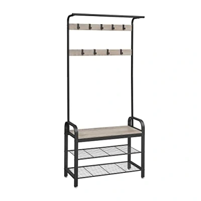 Imagen de VASAGLE Perchero con banco para zapatos, diseño 4 en 1, 9 ganchos extraíbles, barra ropa, entrada, pasillo, 33,7 x 84 183 cm, industrial, gris oscuro HSR400B02