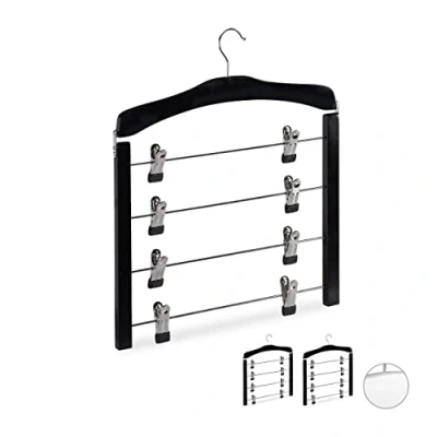 Imagen de Relaxdays, Negro Pack 3 Perchas Múltiples con Pinzas para Faldas o Pantalones, Madera Metal Goma, Hierro, 43 x 38 2,5 cm