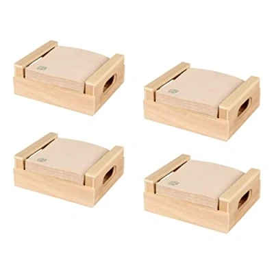 Imagen de Hostelnovo Set de 4 servilleteros con 400 ud Servilletas ecológicas cóctel 10x10 cm Servilletero madera fabricado en España Color Natural, Papel 100% reciclado