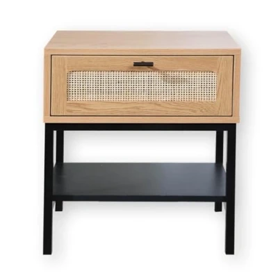 Imagen de Casâme Comodino con 1 cassetto e facciata in Rattan Pratico stoccaggio Notturno Pannelli particolato, finiture Metallo Nero Stile esotico per Camera L35 cm x 50 P45