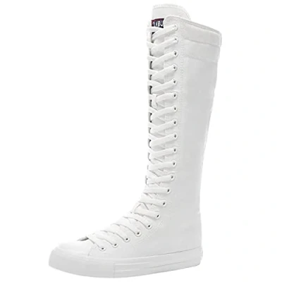Imagen de ANUFER Niña Mujer Rodilla Alta Botas de Lona con Cordones Cremallera Plano Zapatos Deportivos F888 Puro Blanco EU41