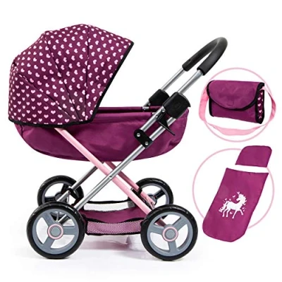 Imagen de Bayer Design 12737AA Cochecito de Munecas Cosy, Plegable, con Bolsa, Manta y Almohada, Rosa, Ciruela, Unicornio