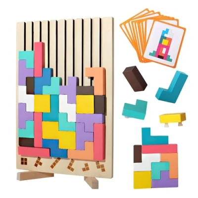 Imagen de Puzzle de Madera Tetris,Juguetes educativos,Juegos Montessori 3 4 5 6 Años, Inteligencia Jigsaw, Cerebro Juguete, Colorido Bloques Geométricos Tetris
