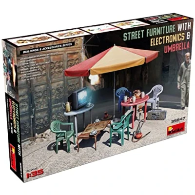 Imagen de MiniArt MIN35647 1:35 Street Furniture w/Electronics &amp; Umbr Scale Model Kit, Color Moldeado