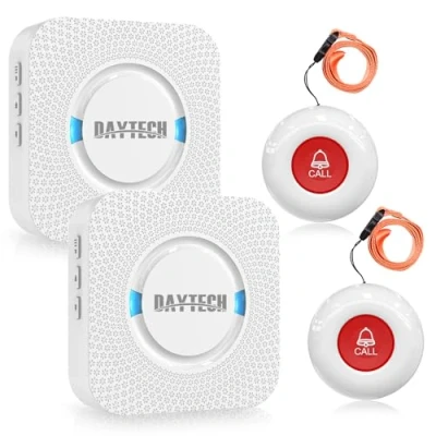 Imagen de Daytech Botón Llamada Emergencia Personas Mayores Boton Aviso Ancianos Timbre Avisador SOS 150m Alcance (2 Botones + 2 Receptores)