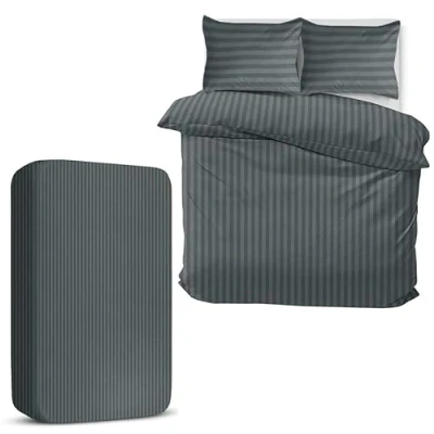 Imagen de MOONLIGHT20015 juego de funda edredón doble 4 piezas satén a rayas, ropa cama microfibra cepillada suave con sábana bajera y 2 fundas almohada (carbón, 200 x cm)