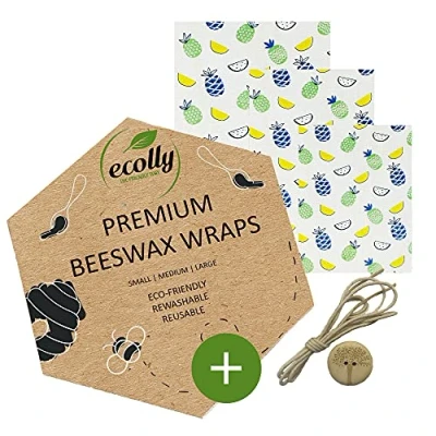 Imagen de ecolly Toallitas de cera abejas Juego 3 (S, M, L), Papel abejas, Premium Beeswax Wraps, sin plástico y reutilizable, aceite jojoba Hawaii