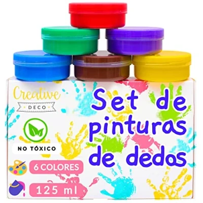 Imagen de Creative DECO Pintura de Dedos para Niños Bebes No Tóxica 6 x 125 ml Colores Intensos en Botes Grandes Temperas Seguras Pequeños Set Pinturas Lavables