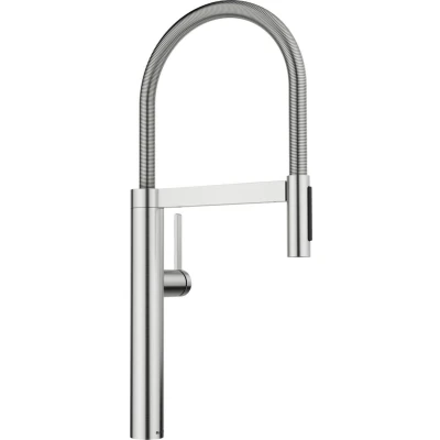 Imagen de BLANCO CULINA S II Grifo de cocina en acero PVD Alta presión Con manguera extraíble Cambio chorro claro ducha Prevención retorno Calidad del agua asegurada y ahorro