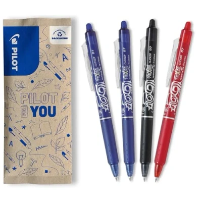 Imagen de PILOT Caja de 4 Frixion Ball Clicker Bolígrafo retráctil borrable con tinta termosensible Rollerball recargable y ergonómico 2 Azul, 1 Negro, Rojo Punta Media