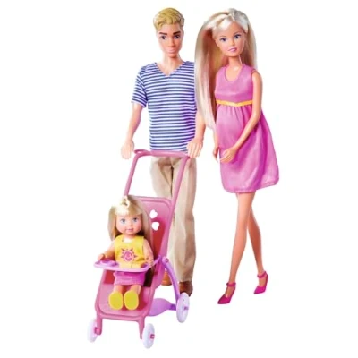 Imagen de Simba Steffi Love Happy Family 105733673 Muñeca Infantil Embarazada Kevin, Evi y bebé con Cochecito, 11 Piezas, Accesorios, 30 cm, a Partir de 3 años