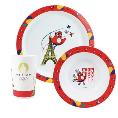 Imagen de FUN HOUSE JUEGOS OLÍMPICOS PARÍS 2024 CONJUNTO COMIDA JO CON UN ASIENTO PLANO Ø 22 CM, PLATO Hueco 16 CM Y Vaso 220 ML PARA NIÑOS VASILLA REUTILIZABLE