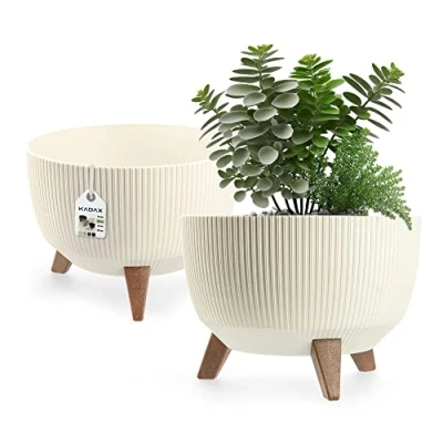 Imagen de KADAX Maceta Decorativa de Plástico con Soporte Integrado, Macetero Tres Patas Imitación Madera para Interior y Exterior (Crema, 29 cm)