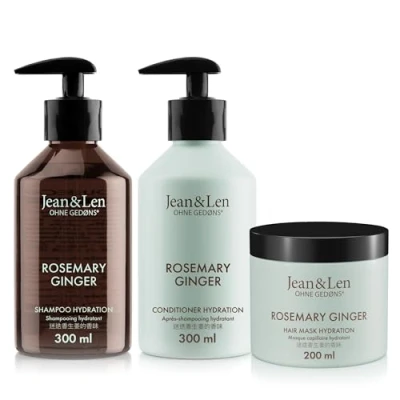 Imagen de Jean &amp; Len set de cuidado capilar Romero Jengibre para cabello seco y apagado, champú hidratante, acondicionador tratamiento capilar, sin parabenos ni siliconas, 2x300 ml + 1x200