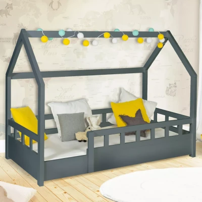Imagen de IDMarket Cama cabaña infantil 80 x 160 cm, color gris con somier y barreras