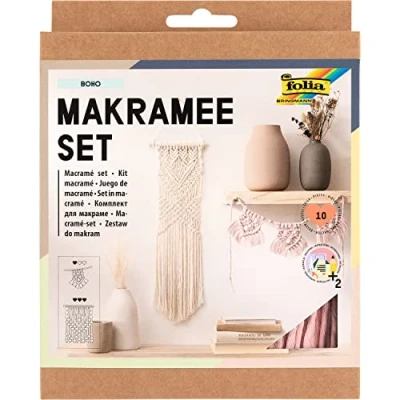 Imagen de Folia 23719 Juego de macramé boho 10 piezas, hilo (beige natural), (rosa), palo madera, perlas 100% algodón, con instrucciones (idioma español no garantizado)