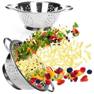 Imagen de COM FOUR® 2x colador de cocina acero inoxidable redondo para lavar frutas, verduras y ensaladas (2 piezas mango)