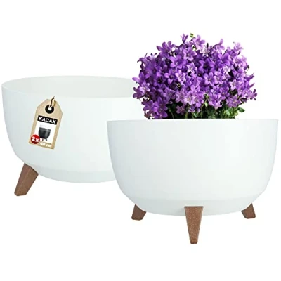 Imagen de KADAX Macetas Decorativas de Plástico con Soportes, Maceteros Patas Imitación Madera para Interiores y Exteriores (Juego 2: Blanco, 39.5 cm)