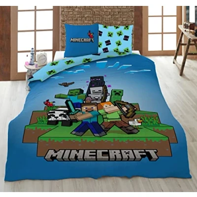 Imagen de AYMAX Minecraft Ready to Survive 100% Juego de ropa cama infantil, 135 x 200 cm, funda nórdica y almohada 80 microfibra