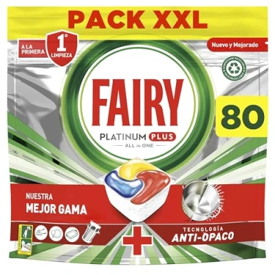 Imagen de Fairy Platinum Plus Todo en Uno Pastillas Lavavajillas, 80 Capsulas Lavavajillas (5 x 16), Limpieza Profunda y Extra Brillo, Fragancia Limon