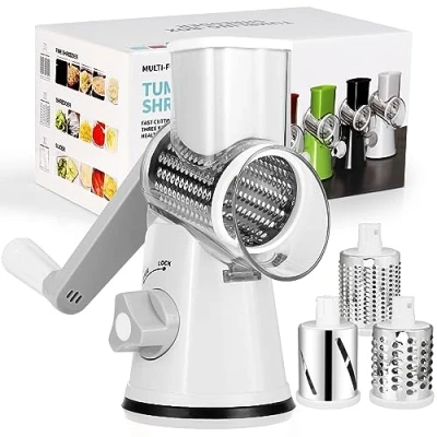 Imagen de Diealles Shine Rallador de Queso, Cortador Verduras Manual con 3 Acero Inoxidable Cuchillas Tambor Intercambiables, Mandolina Cocina para Pepino, Zanahoria, Nueces