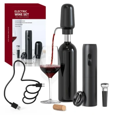 Imagen de CIRCLE JOY Sacacorchos Eléctrico 4 en 1 Juego de Regalo Vino con Abridor Recargable, Vertedor Aireador Cortacápsulas y Tapón al Vacío, Negro