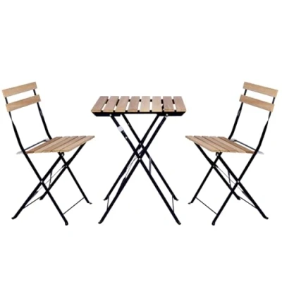 Imagen de Set de 3 Muebles Mesa y 2 Sillas, Jardín, Exterior, Plegables, Metal Madera, para Terraza Estilo Retro, Estructura Acero, tipo Bistró, Patas Antideslizantes, Balcones Pequeños, Terrazas