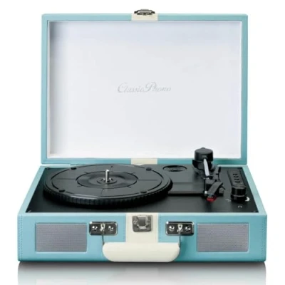 Imagen de Classic Phono by Lenco TT 110 Tocadiscos (33, 45 y 78 RPM, Bluetooth, transmisión por Correa, 2 Altavoces, Entrada Auxiliar, Salida RCA, 3,5 mm), Color Azul Blanco