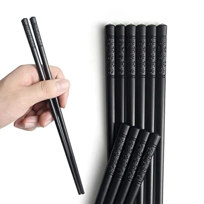 Imagen de AOOSY 5 pares de palillos fibra vidrio aptos para lavavajillas, japoneses negros aleación reutilizable Juego antideslizantes sushi negro