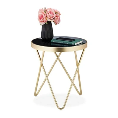 Imagen de Relaxdays Mesa Auxiliar Redonda Decorativa, Mesita sofá Retro Brillante, Metal y Cristal, 1 Ud, 46x42 cm, Negro Dorado, 46 x 42 cm
