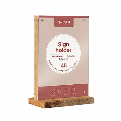 Imagen de EUROPEL soporte para carteles A5, doble cara, magnético, de pie, exhibición mesa vertical, acrílico, póster en forma T, folleto y menú hoteles, oficina, conferencias,