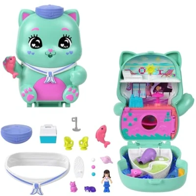 Imagen de Polly Pocket Gatito marinero Estuche, conjunto de juego y muñecos, juguete viaje con 1 muñequita, gatitos, comida accesorios moda, JCR37