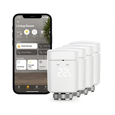 Imagen de EVE Thermo, lote de 4 Válvula inteligente radiador con pantalla LED, control automático temperatura, no necesita pasarela, Bluetooth/Thread, compatible Apple HomeKit