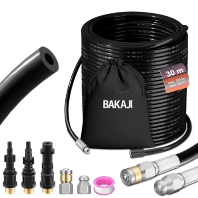 Imagen de BAKAJI Sonda desatascadora de tubos alta presión 200 bar, sistema antitorsión con funda, 3 adaptadores, 2 boquillas fijas y giratorias, compatible hidrolimpiadora Kärcher K2 K7 Lavor (30