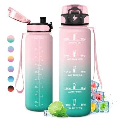 Imagen de Botella Agua 1L, Deporte, gimnasio, Motivadora y Prueba de Fugas, Reutilizable, Garrafa para Niño, Niña, Colegio, Preescolar, Guardería, Bicicleta, Gym