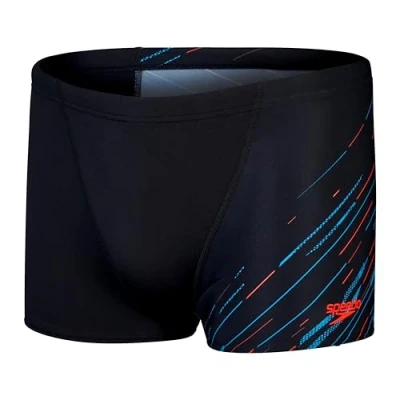 Imagen de Speedo Aquashort Hyperboom con Corte en V, Secado rápido, Entrenamiento, Fitness, Resistente al Cloro para Hombre, Negro/Azul Picton/Rojo Sirena, 28
