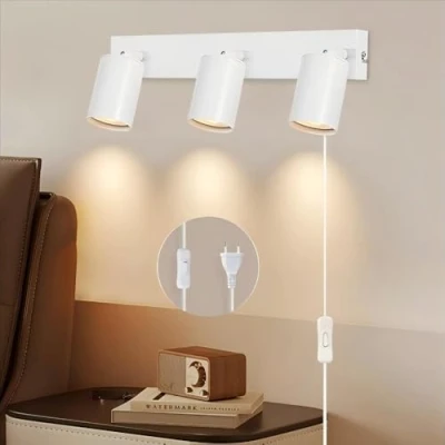 Imagen de Kambo GU10 3 Luces Aplique pared interior Blanco, Lámpara de ajustable 350 con interruptor, Lamparas aleación aluminio para dormitorio, sala estar, pasillo, mesita noche