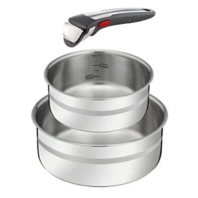 Imagen de Tefal L977S3 Jamie Oliver Ingenio G6 Juego de 3 cacerolas Apto para horno hasta 250 C Sin mango Señal térmica PFOA Adecuado todo tipo fuegos incluyendo inducción Acero