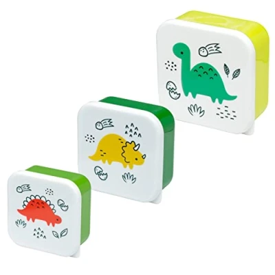 Imagen de Puckator Dinosauria Jr Juego de 3 fiambreras para almacenamiento aperitivos S/M/L, lonchera con múltiples compartimentos, recipientes pequeños alimentos, adultos y niños,