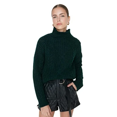 Imagen de Trendyol Suéter Regular de Punto Trenzado con Cuello Alto Sudadera, Verde Esmeralda, M para Mujer
