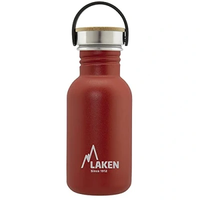 Imagen de LAKEN Botella Agua Acero Inoxidable con Tapón Bamboo y Boca Ancha, (0,50L Rojo) Reutilizable, Ideal para Montaña, Camping, Deportes más