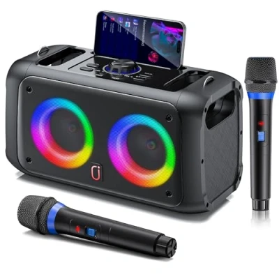 Imagen de JYX Máquina de Karaoke, Karaoke 2 microfonos inalambricos, Sistema PA para Adultos con Luces LED, soporta TWS/AUX/USB/TF, Ideal Fiestas y animaciones