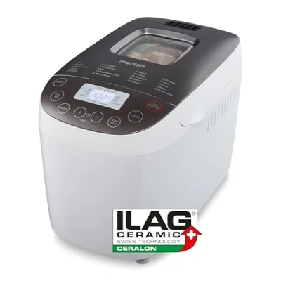 Imagen de MEDION Panificadora (panificadora, 950 vatios, hasta 1600 g, 20 programas de horneado, 3 niveles dorado, función mantener caliente, ventana visualización, preajuste tiempo, MD 12040)