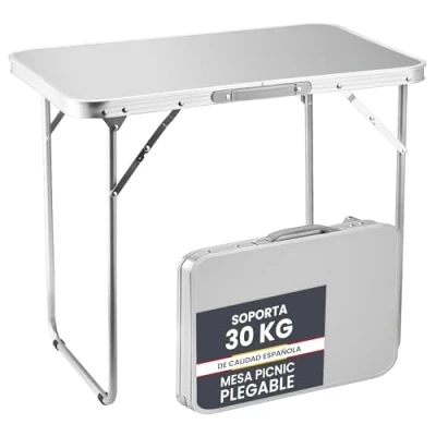 Imagen de unycos Mesa Plegable de Camping【70x50x60 cm】con Asa Transporte, Mesita Pícnic Portátil Multiusos en Aluminio y MDF con Cierre Seguridad para Interior/Exterior, Playa, Jardín (Gris)