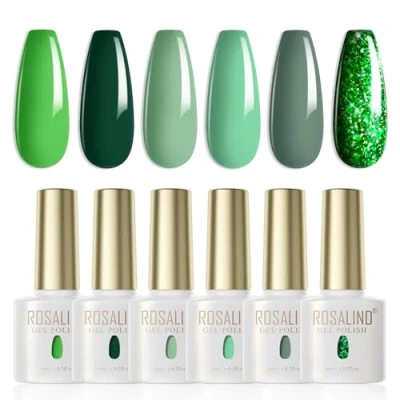 Imagen de ROSALIND Esmaltes Semipermanentes Para Uñas Verde,6 Colores Verde Oscuro Claro Glitter,Pintauñas Soak Off UV/LED Gel Diy Manicura Nail Art Set