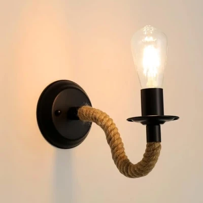 Imagen de Comely Apliques de Pared Vintage, E27 Lampara Cuerda Cáñamo, 180 Ajustable Lámpara para Pasillo Desván Dormitorio Café Restaurante (No Incluye Bombilla)